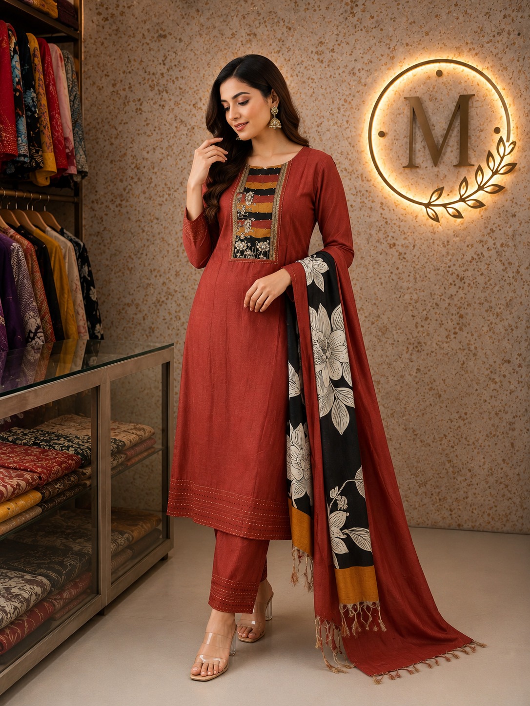 Rust Kurta Set with Floral Dupatta