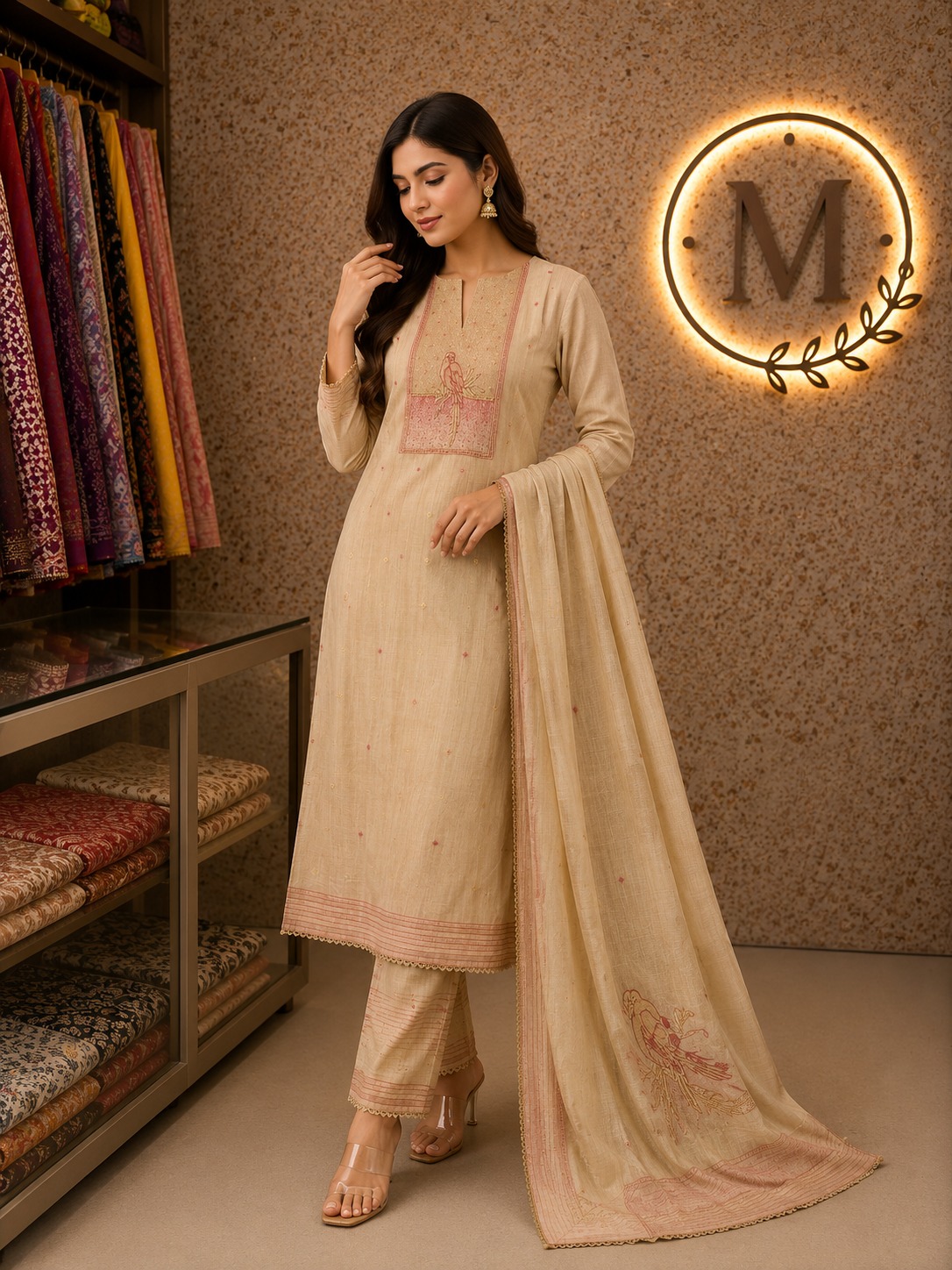 Beige Parrot Embroidered Suit Set