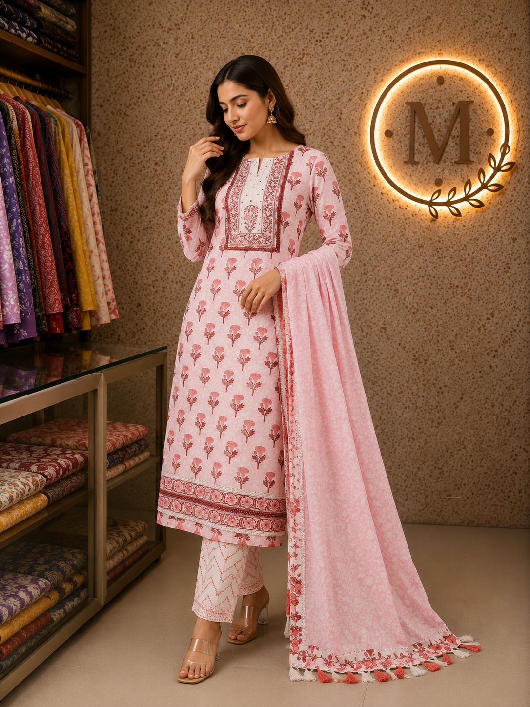 Pink Mughal Buti Cotton Suit Set