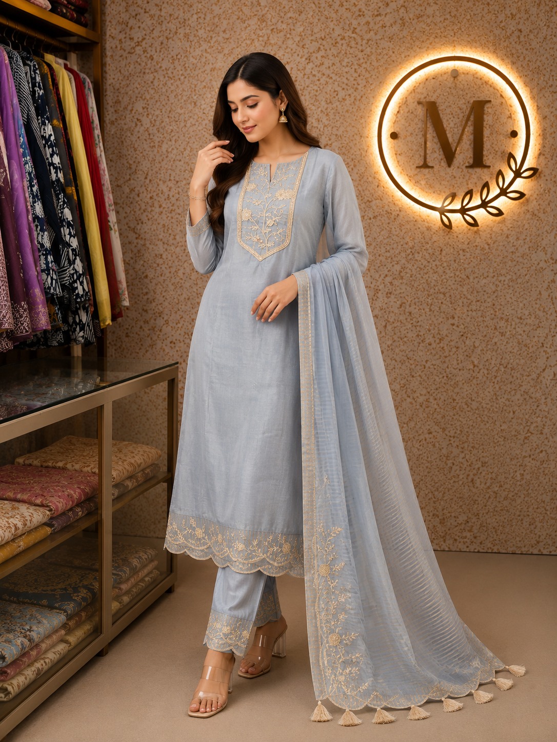 Powder Grey Zari Embroidered Suit Set