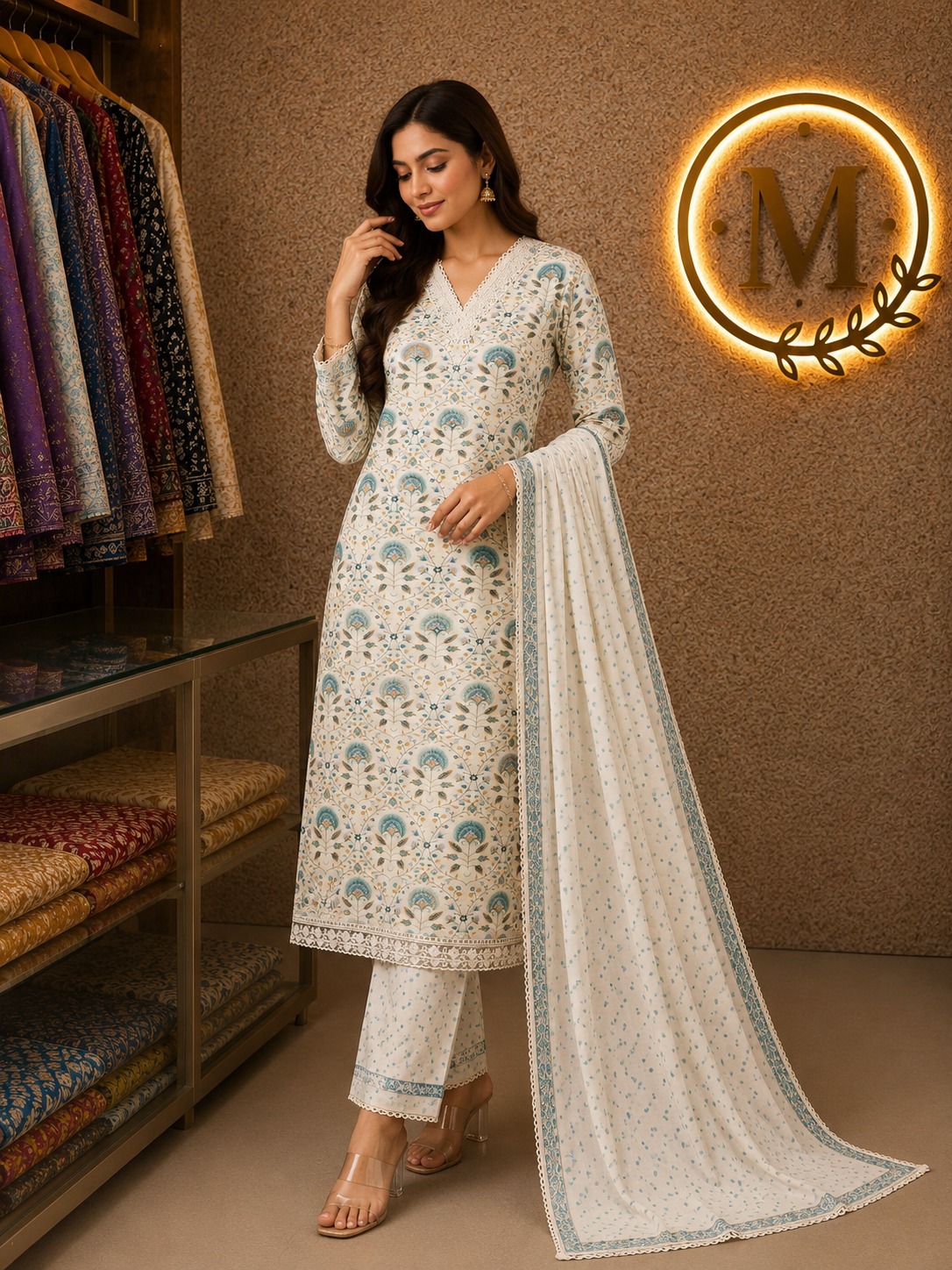 Ivory Teal Mughal Jaal Suit Set