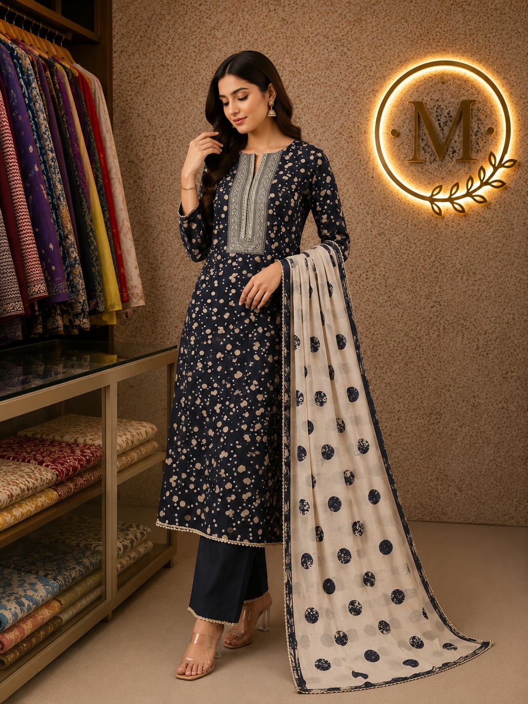 Navy Batik Dot Suit Set