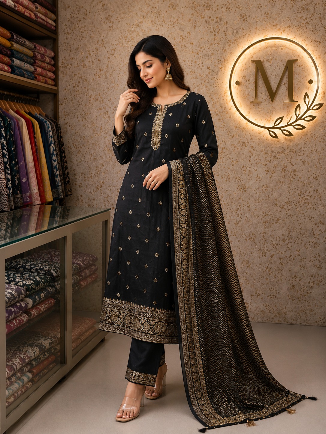 Black Zari Buti Silk Suit Set