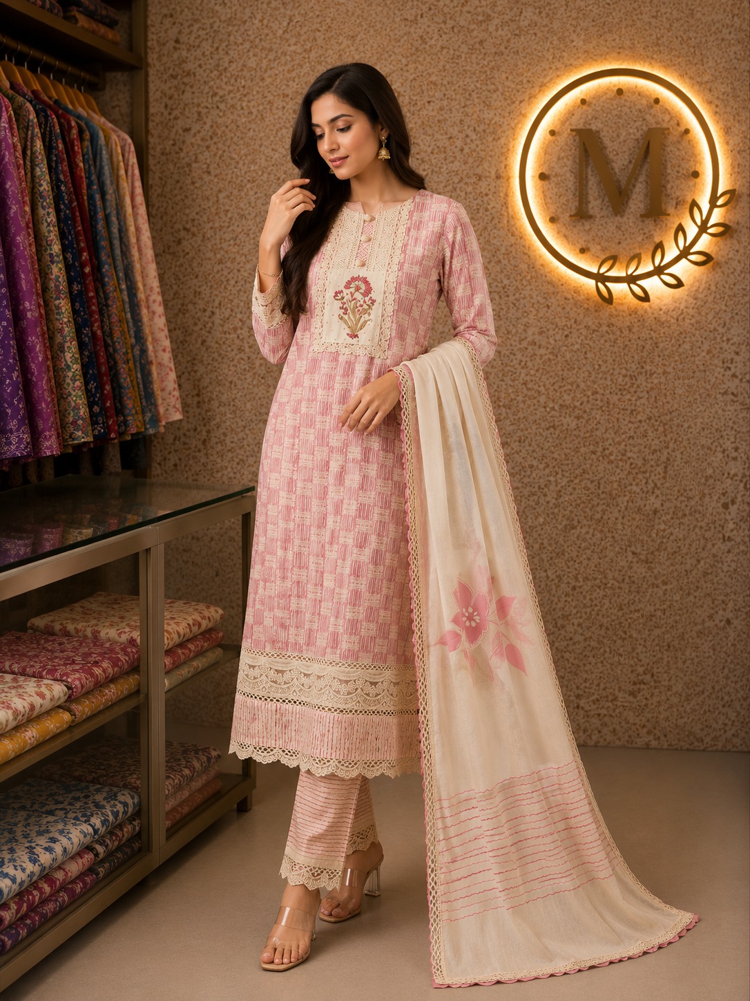 Pink Ikat Lace Suit Set