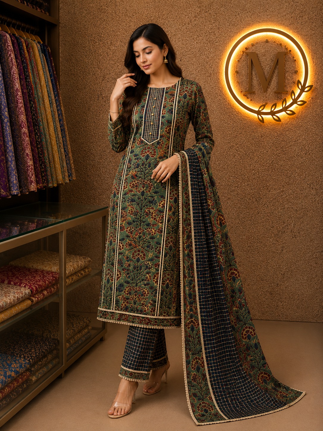 Green Kalamkari Pintuck Suit Set