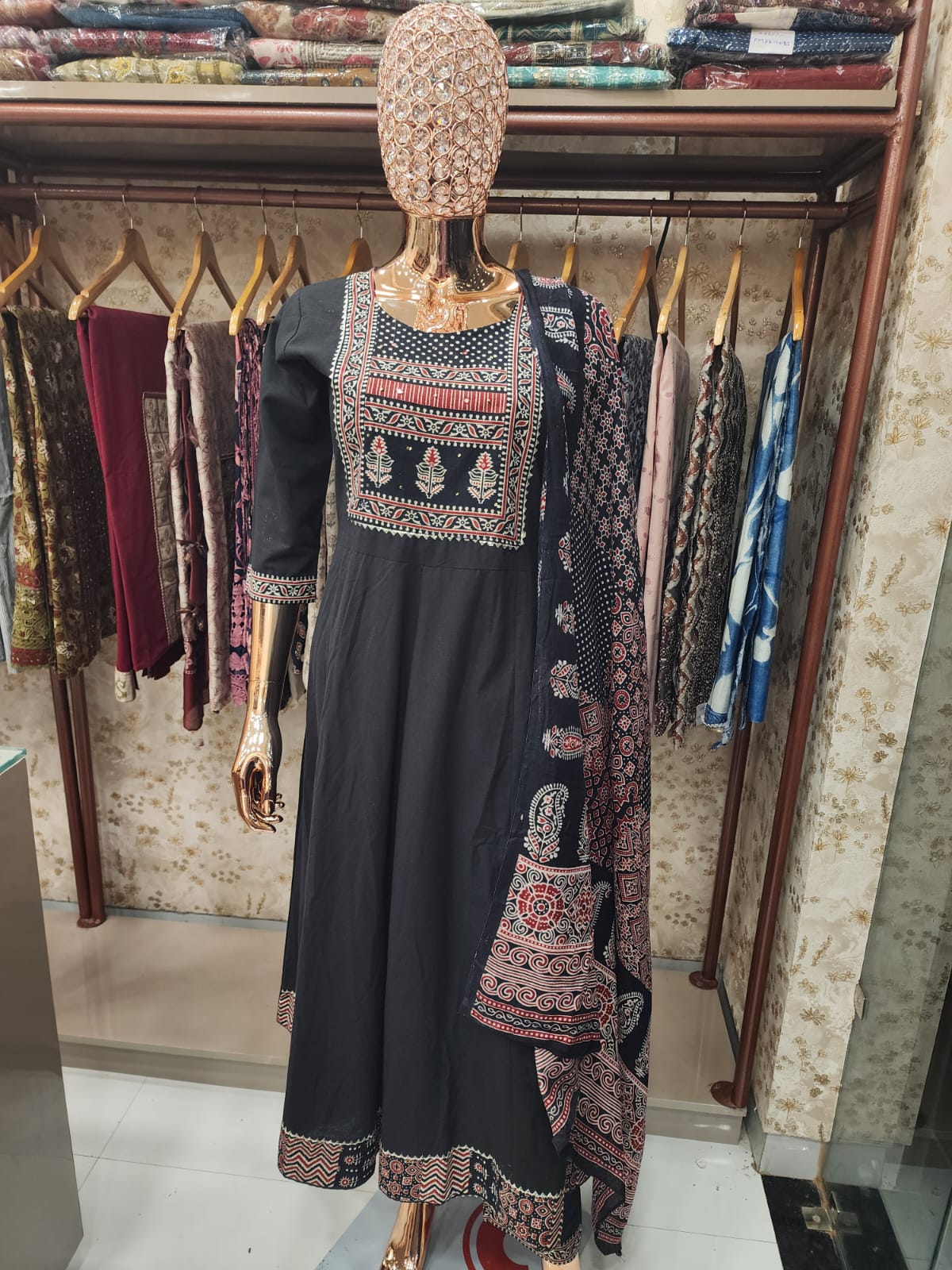 Black Ajrakh Yoke Anarkali Set