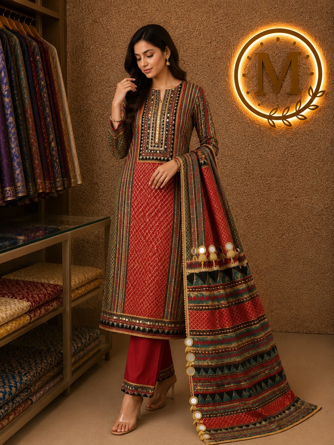 Red Mirror Work Festive Suit Set