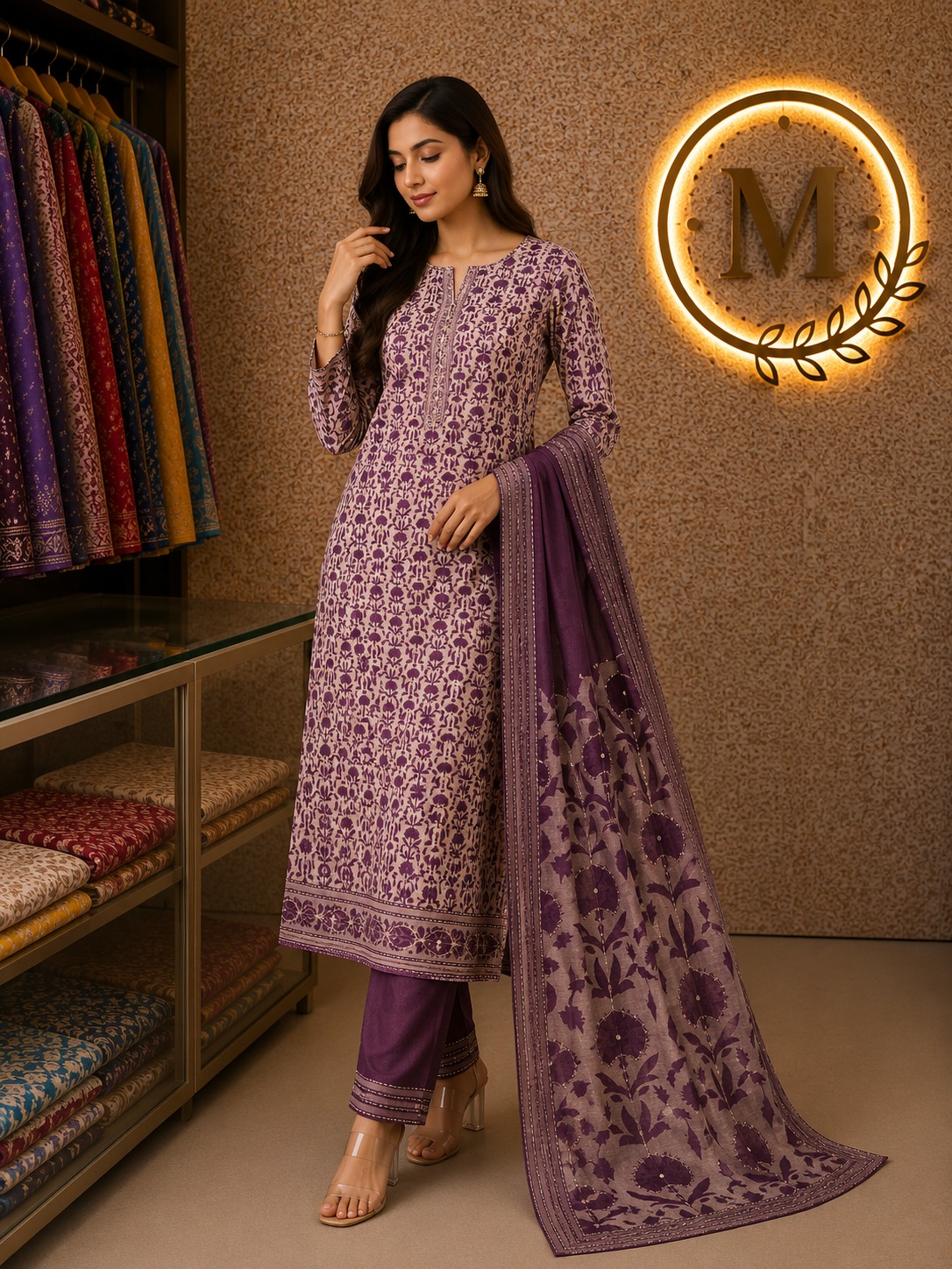 Purple Floral Jaal Suit Set