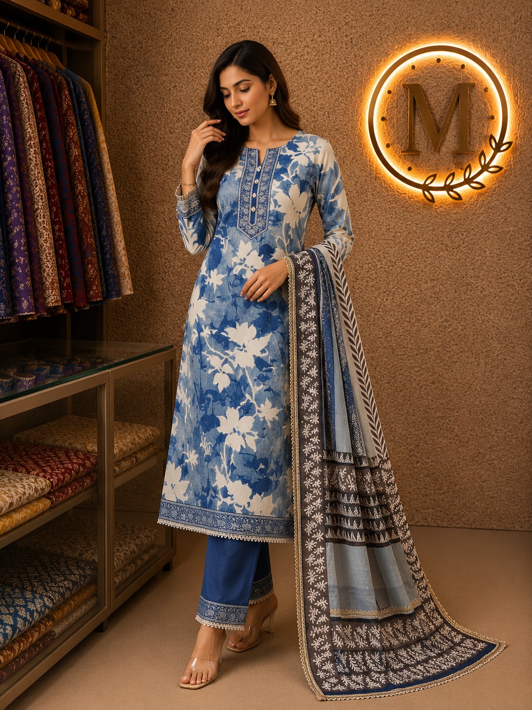 Indigo Floral Print Suit Set