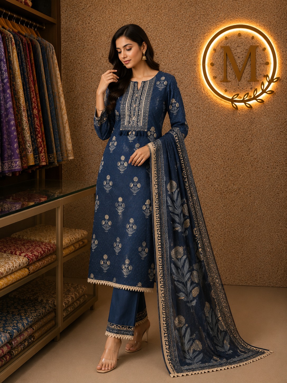Indigo Gold Buti Suit Set